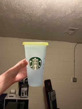 Starbucks Light Blue Frosted Cup with Yellow Lid